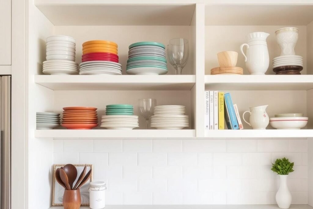 Kitchen with open shelving displaying curated collections of dishware and decorative items Kitchen with open shelving displaying curated collections of dishware and decorative items