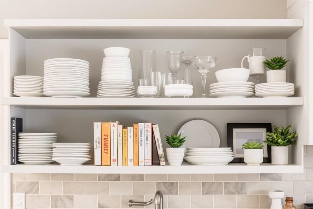 Kitchen with styled open shelving displaying dishes and decorative items