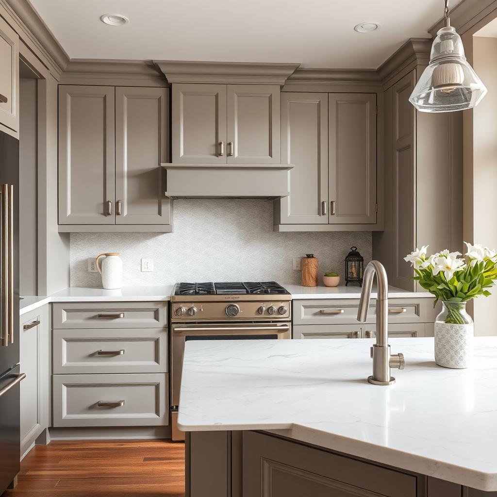 Kitchen with taupe cabinets and greige walls creating a sophisticated neutral space Kitchen with taupe cabinets and greige walls creating a sophisticated neutral space
