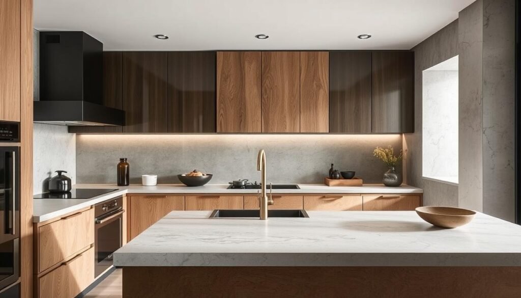 Kitchen with textured surfaces and unique finishes showcasing 2026 kitchen trends in materials Kitchen with textured surfaces and unique finishes showcasing 2026 kitchen trends in materials