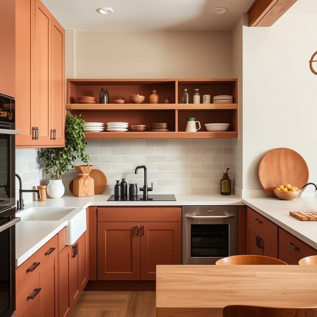 Kitchen with warm earth tones including terracotta and sand colors Kitchen with warm earth tones including terracotta and sand colors