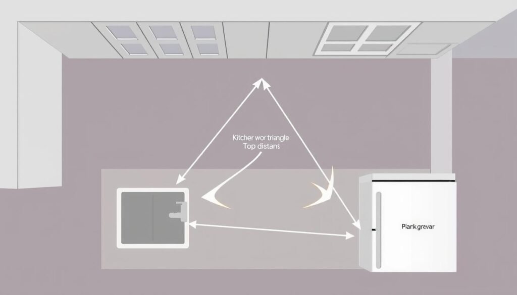 Kitchen work triangle diagram showing optimal placement of sink, stove, and refrigerator Kitchen work triangle diagram showing optimal placement of sink, stove, and refrigerator