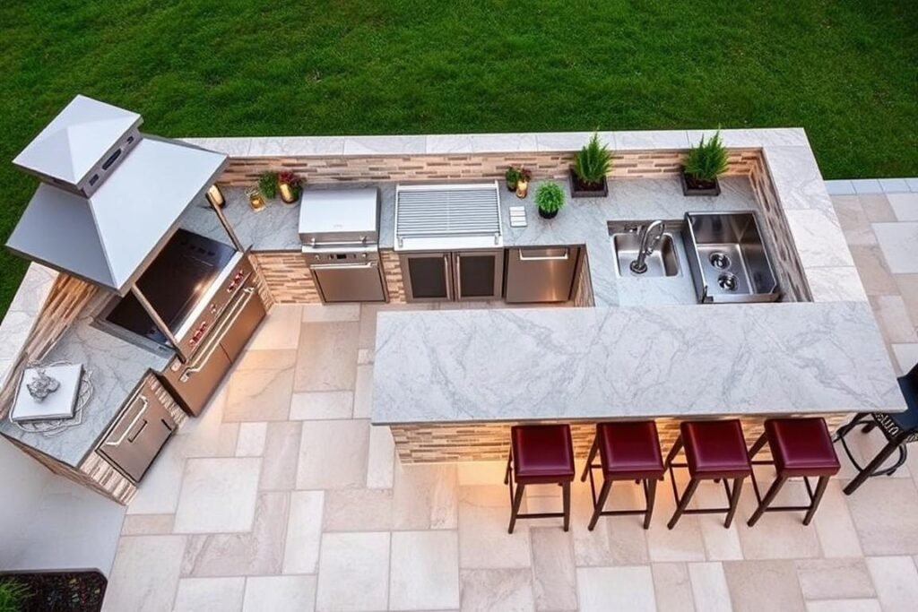 L-shaped luxury outdoor kitchen with premium appliances and bar seating