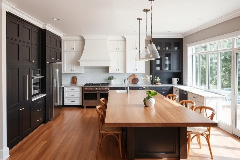 L-shaped open kitchen with island and dining area L-shaped open kitchen with island and dining area