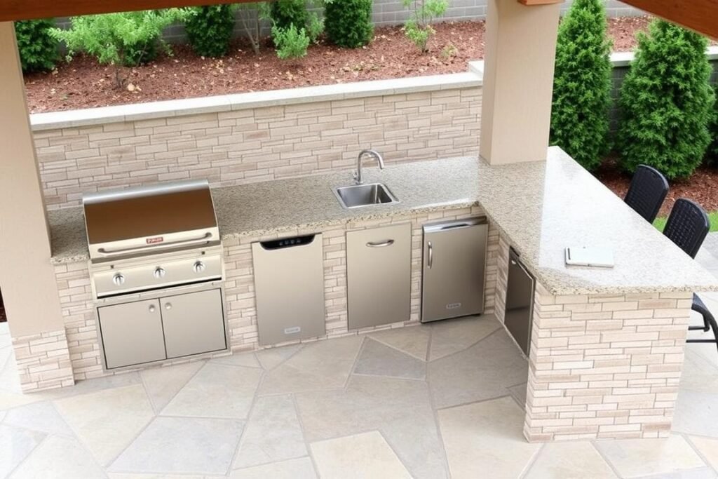 L-shaped outdoor kitchen layout with distinct cooking zones