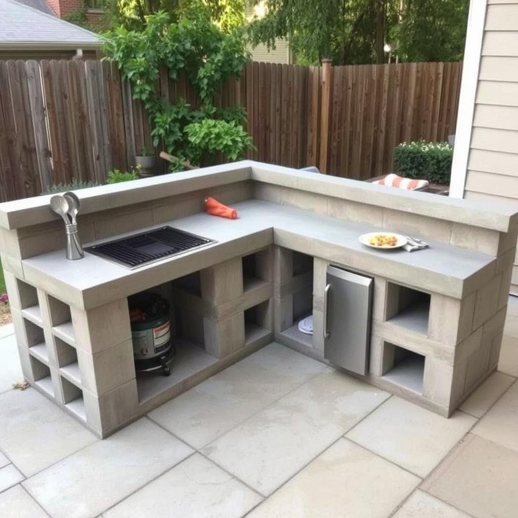 L-shaped outdoor kitchen made from concrete blocks with a DIY concrete countertop and built-in charcoal grill