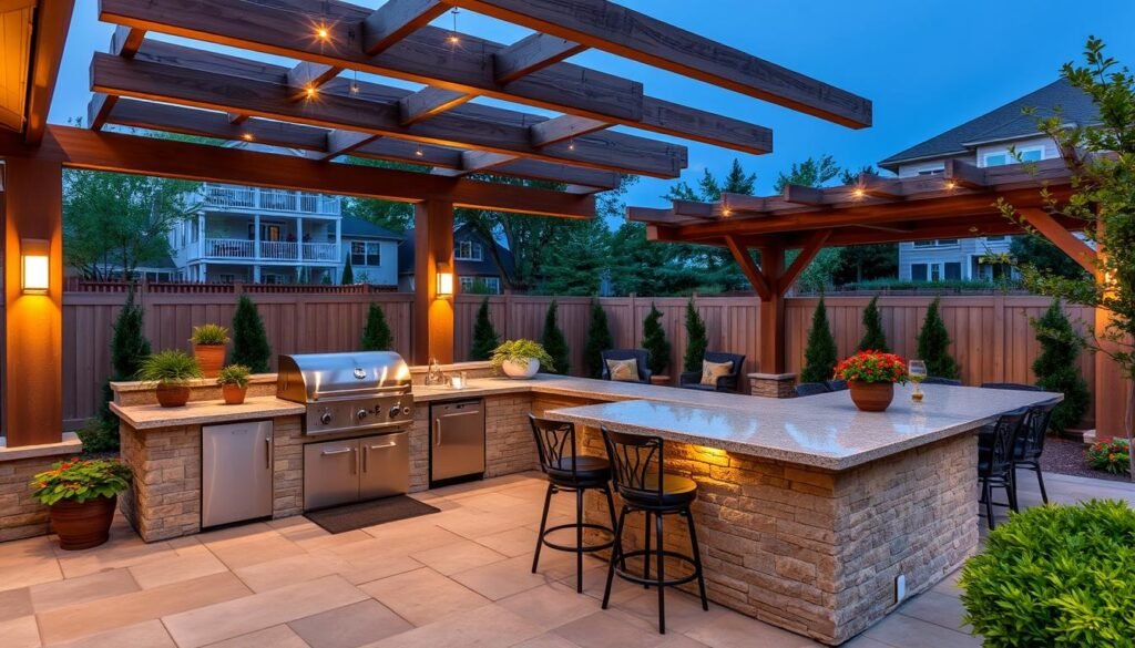 L-shaped outdoor kitchen patio with bar seating and pergola overhead
