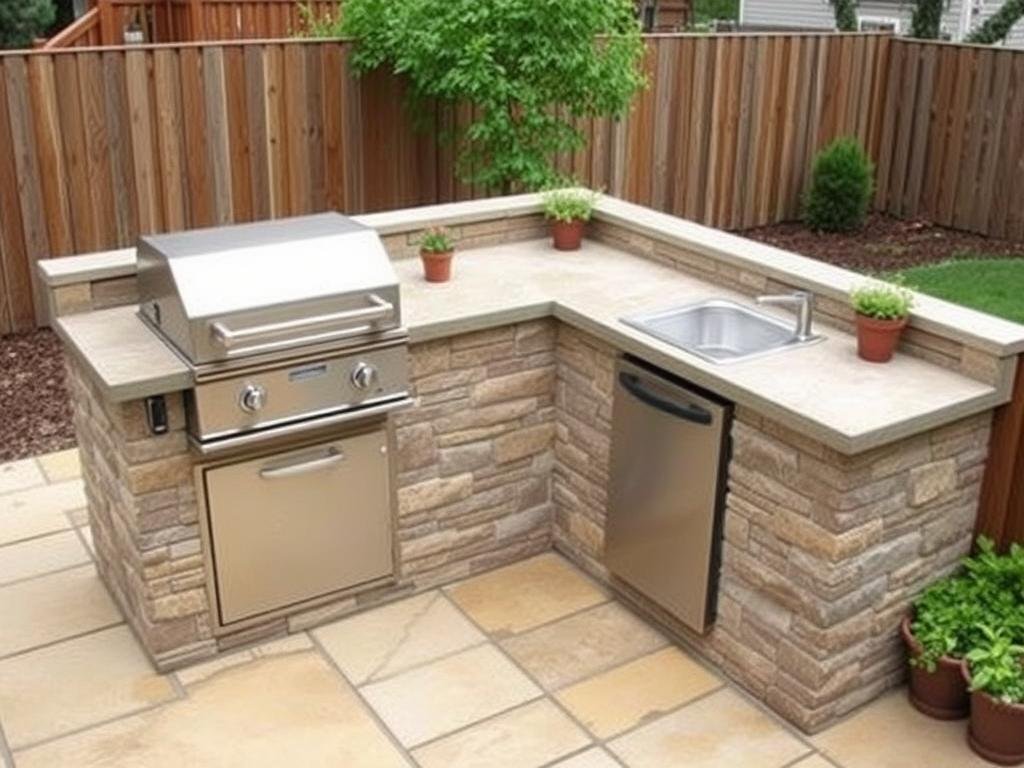 L-shaped outdoor kitchen utilizing a corner space with built-in grill and counter