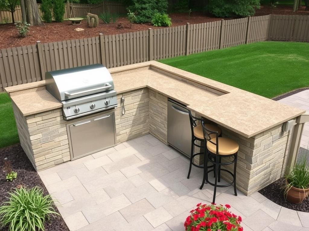 L-shaped simple outdoor kitchen with bar seating