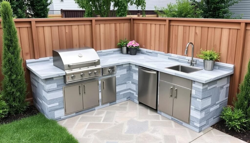 L-shaped small outdoor kitchen design in a corner with bar seating