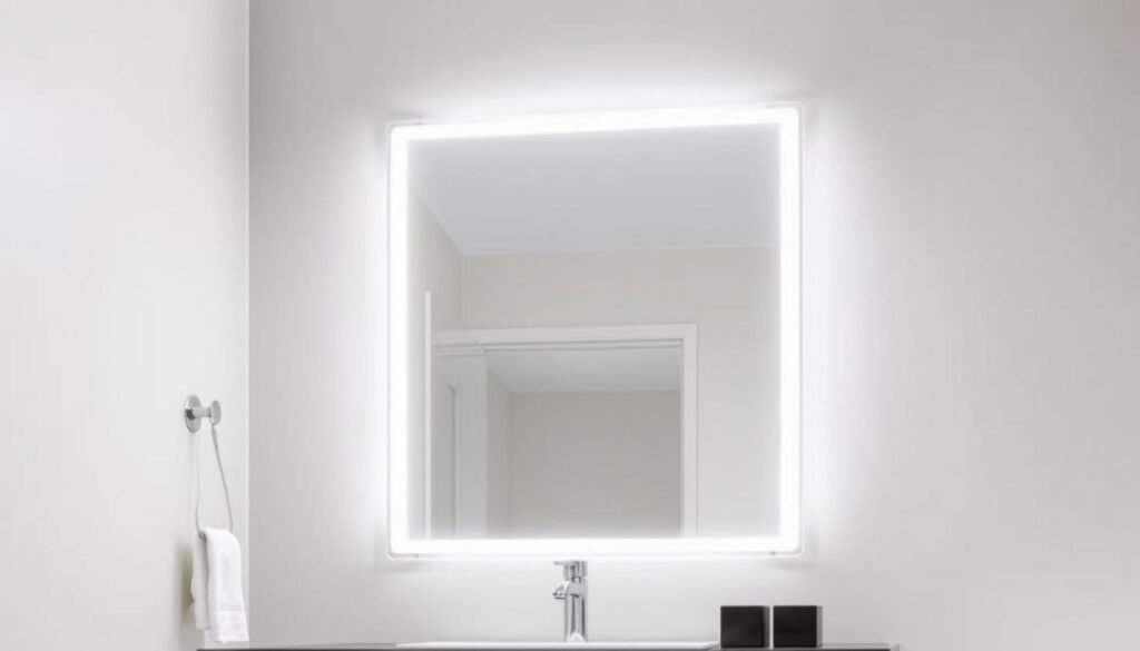 LED backlit bathroom mirror creating ambient lighting in a modern bathroom LED backlit bathroom mirror creating ambient lighting in a modern bathroom