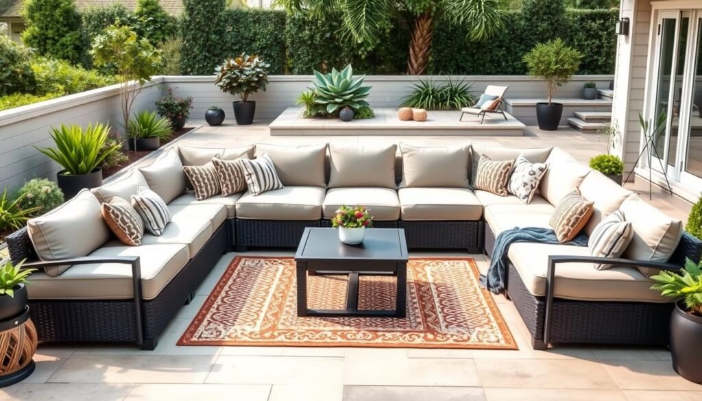 Large L-shaped outdoor sectional sofa set with coffee table on a patio