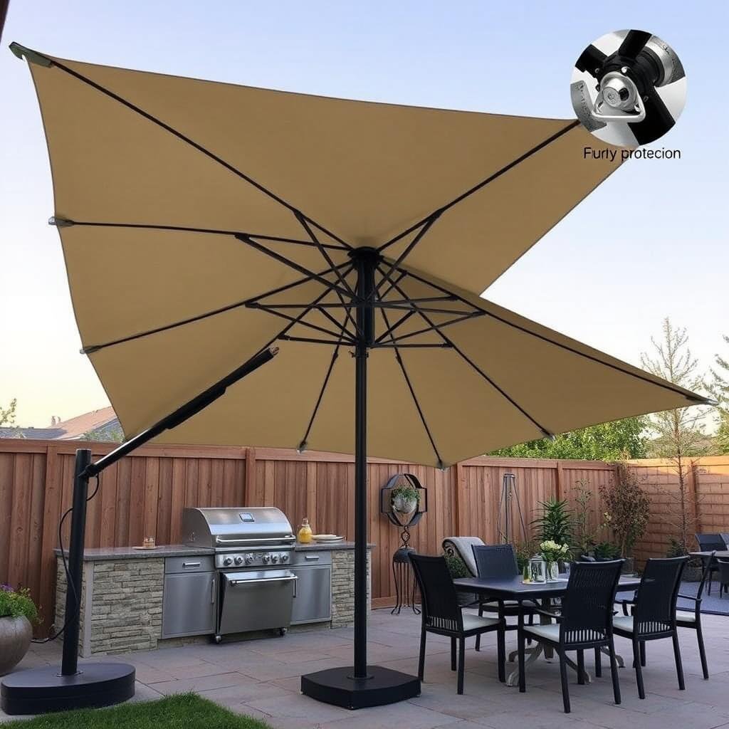 Large cantilever umbrella shading outdoor kitchen and dining area