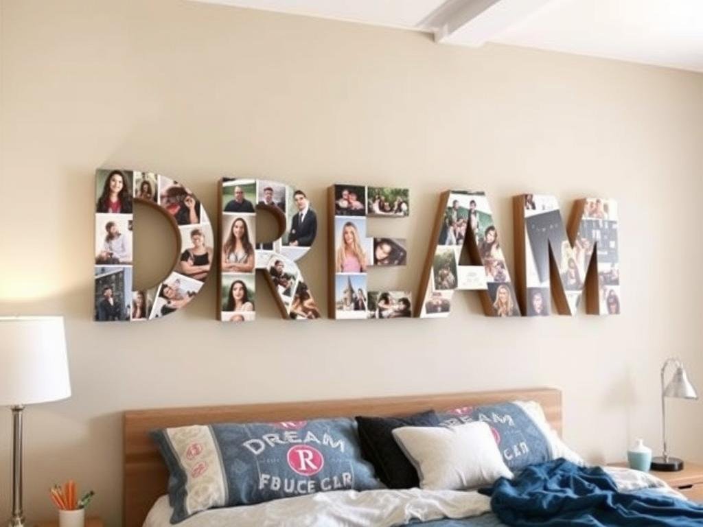 Large cardboard letters covered with photo collage on teen bedroom wall Large cardboard letters covered with photo collage on teen bedroom wall
