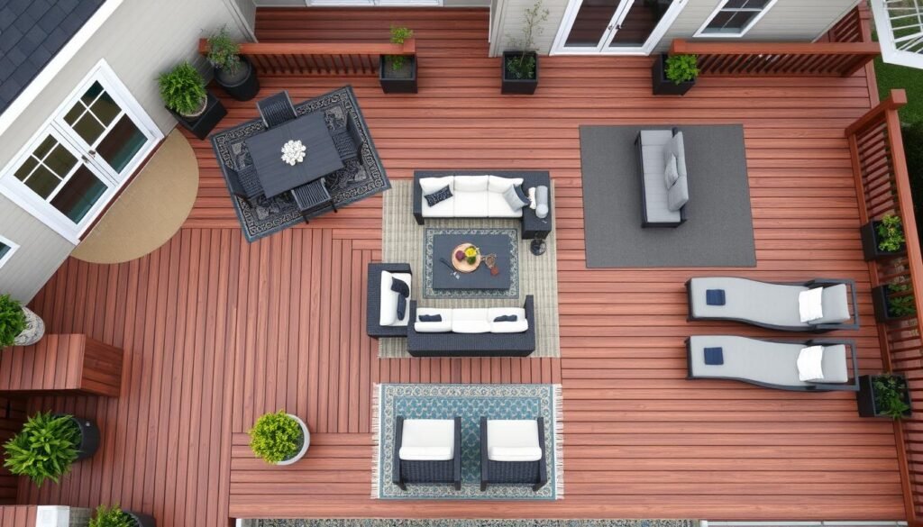 Large deck with multiple zones including dining area, conversation set, and lounge chairs Large deck with multiple zones including dining area, conversation set, and lounge chairs