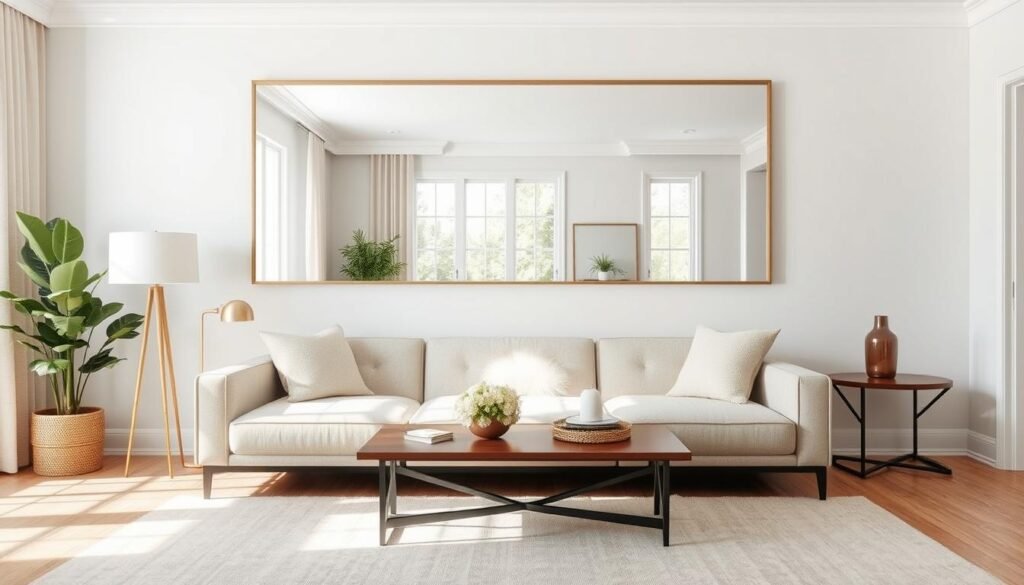 Large mirror above living room sofa reflecting window light Large mirror above living room sofa reflecting window light