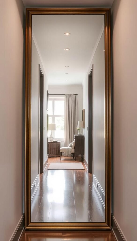 Large mirror at end of hallway creating illusion of extended space Large mirror at end of hallway creating illusion of extended space
