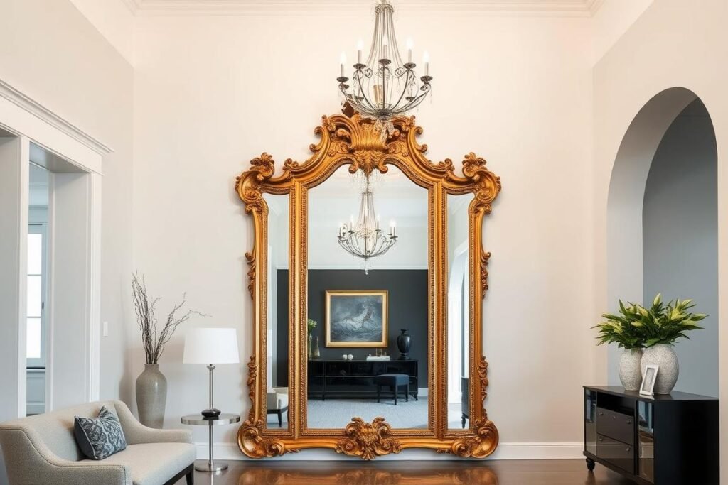 Large ornate antique mirror creating a dramatic focal point in a modern entryway Large ornate antique mirror creating a dramatic focal point in a modern entryway