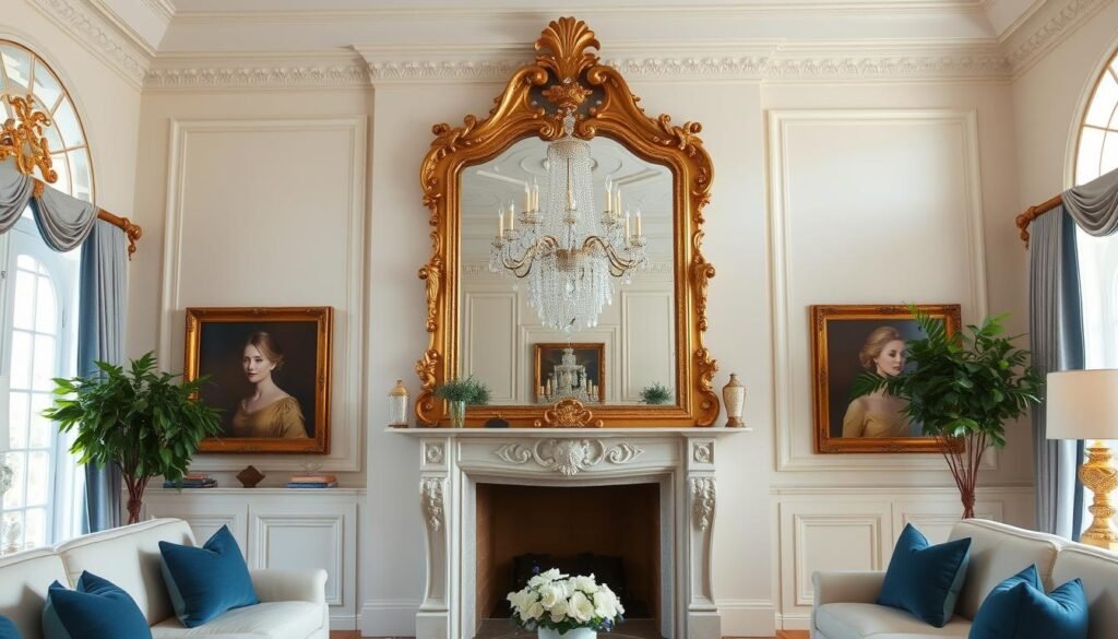 Large ornate gold mirror above a fireplace in an elegant living room setting Large ornate gold mirror above a fireplace in an elegant living room setting