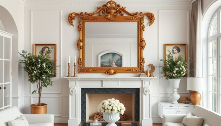 Large ornate gold mirror as a statement piece above fireplace mantel