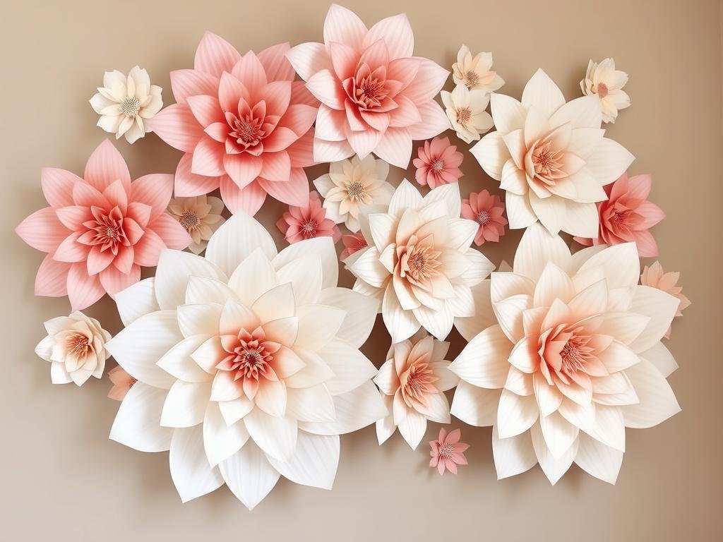 Large paper flowers in pink and white mounted on wall, easy diy room decor for dramatic impact Large paper flowers in pink and white mounted on wall, easy diy room decor for dramatic impact