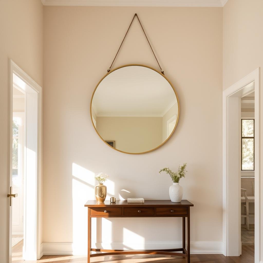 Large round mirror above wooden console table Large round mirror above wooden console table