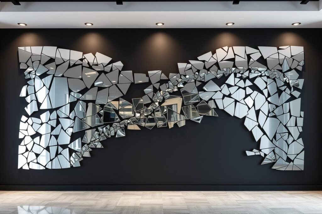 Large-scale wall art installation made from broken mirror pieces Large-scale wall art installation made from broken mirror pieces