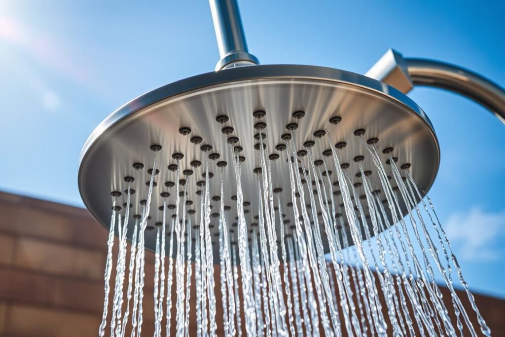 Large stainless steel rainfall shower head with water flowing outdoors