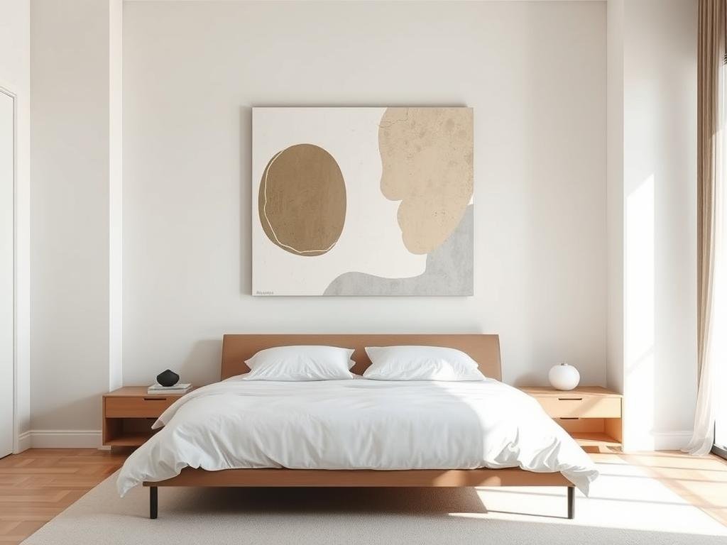 Large statement canvas art in a minimalist bedroom Large statement canvas art in a minimalist bedroom