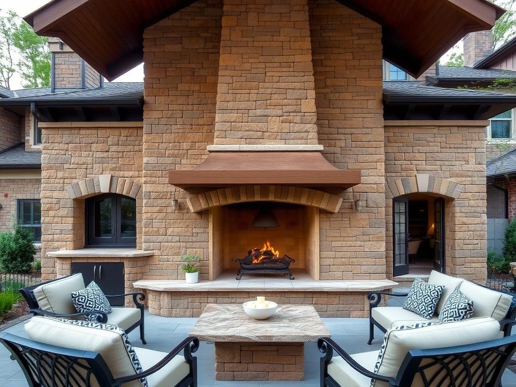 Large traditional stone outdoor fireplace with mantel and seating area