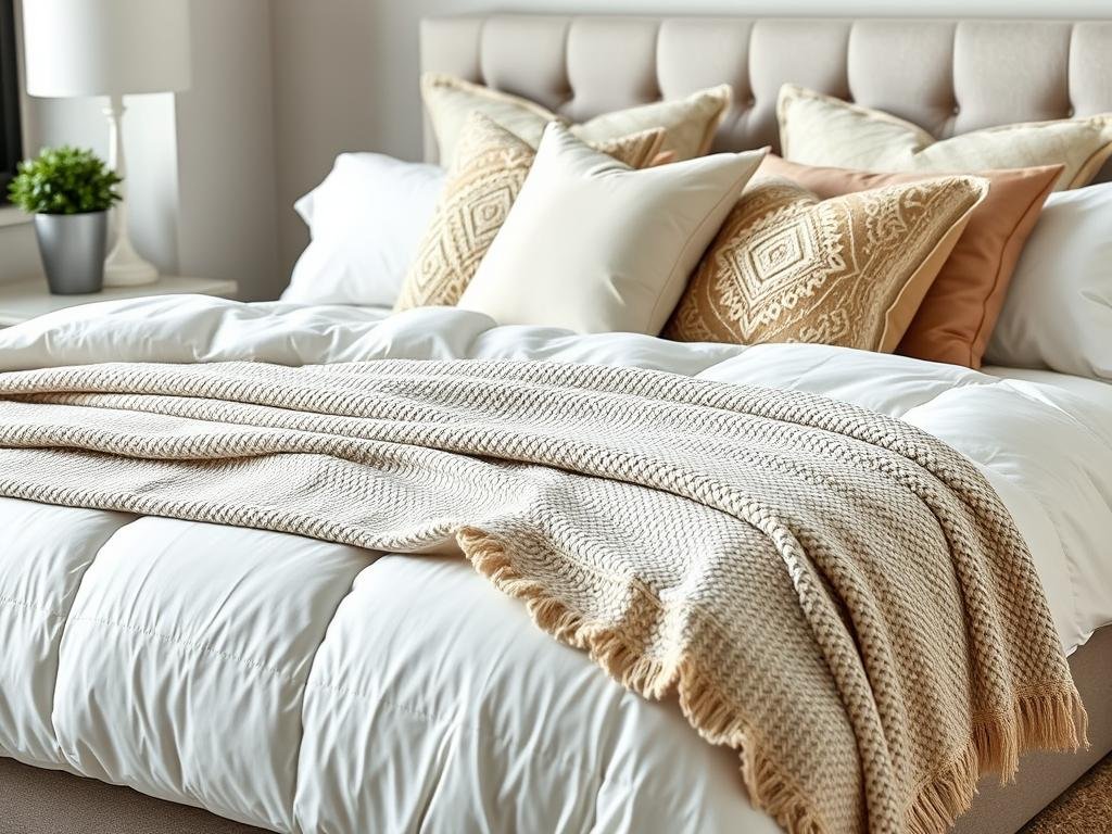 Layered bedding with multiple textures and pillows Layered bedding with multiple textures and pillows