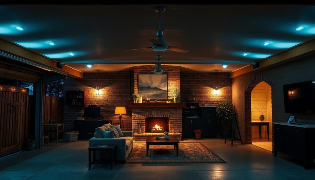 Layered lighting design in converted garage living space showing ambient, task, and accent lighting Layered lighting design in converted garage living space showing ambient, task, and accent lighting