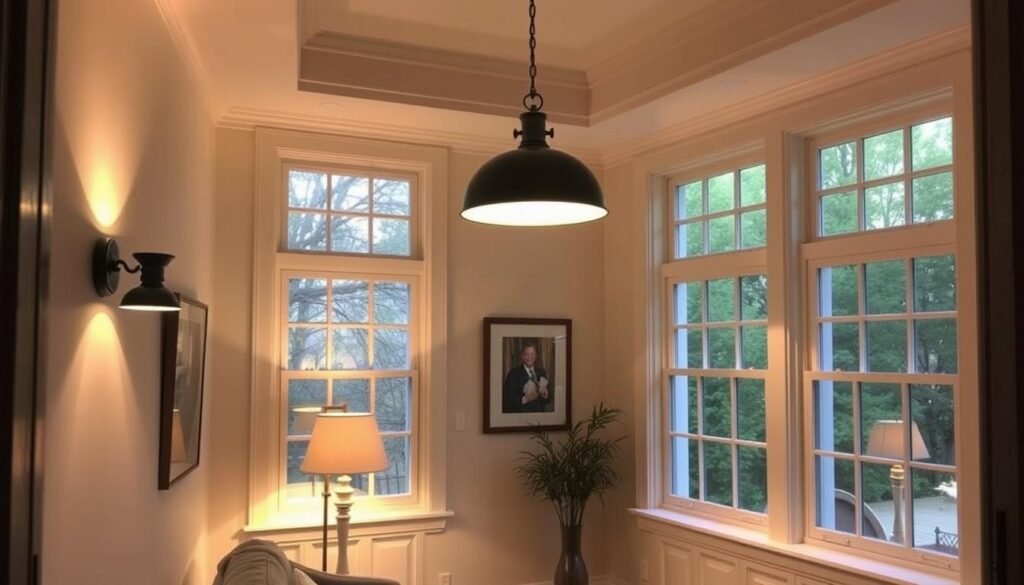 Layered lighting in a small room with wall sconces, table lamps, and natural light Layered lighting in a small room with wall sconces, table lamps, and natural light