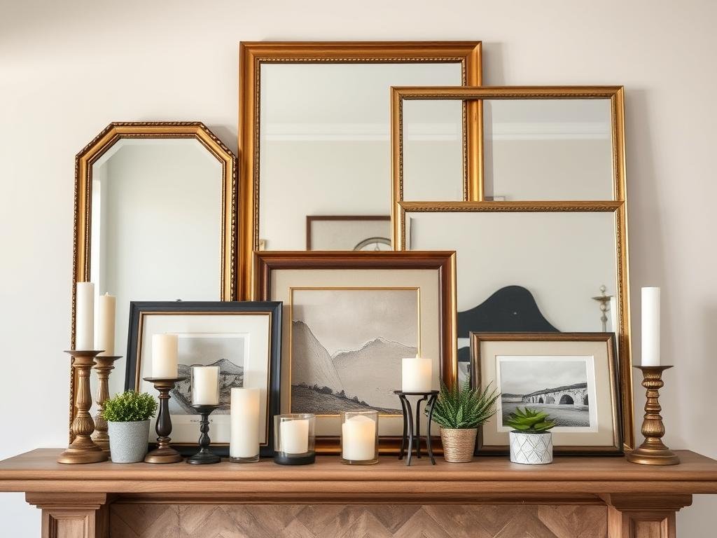 Layered mirrors with artwork and plants on mantel Layered mirrors with artwork and plants on mantel