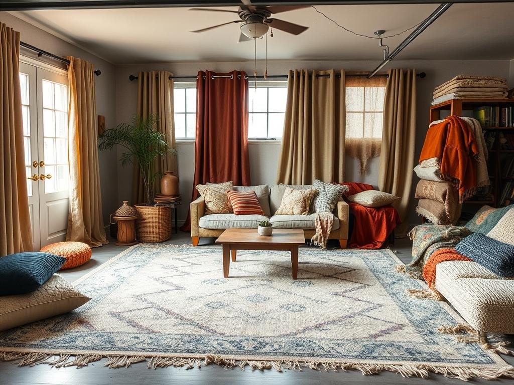 Layered textiles in garage living space with rugs, curtains, and throw pillows Layered textiles in garage living space with rugs, curtains, and throw pillows