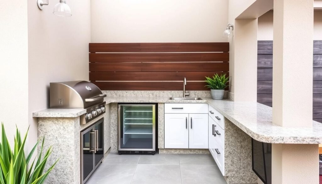 Linear galley-style small outdoor kitchen design along a wall