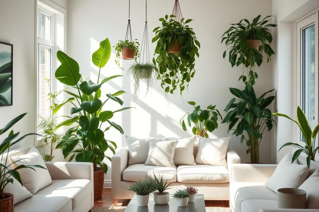 Living room decorated with various indoor plants adding life and color
