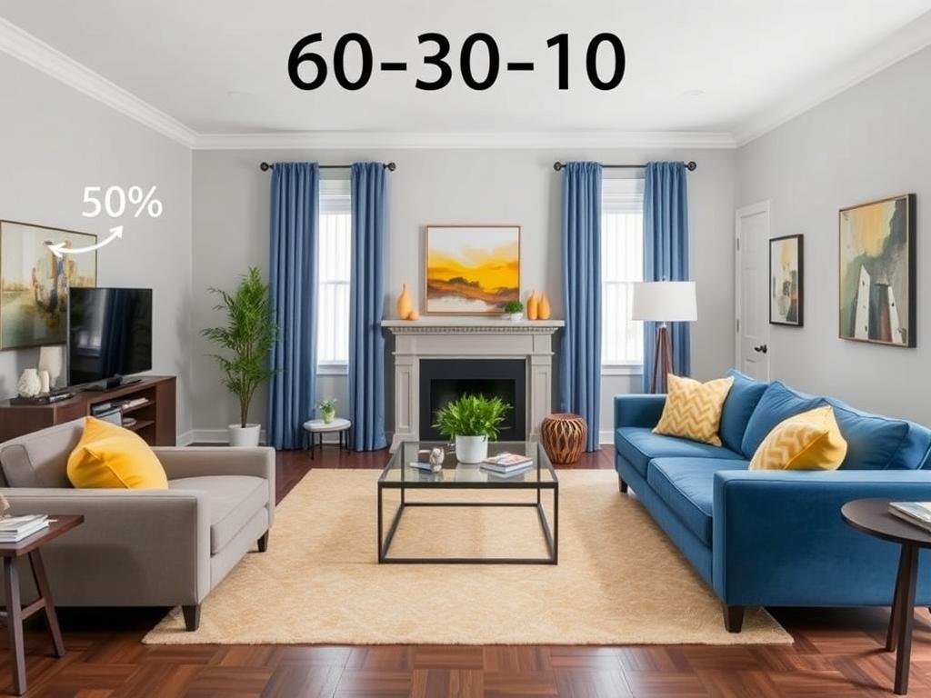 Living room demonstrating the 60-30-10 color rule with dominant, secondary, and accent colors Living room demonstrating the 60-30-10 color rule with dominant, secondary, and accent colors