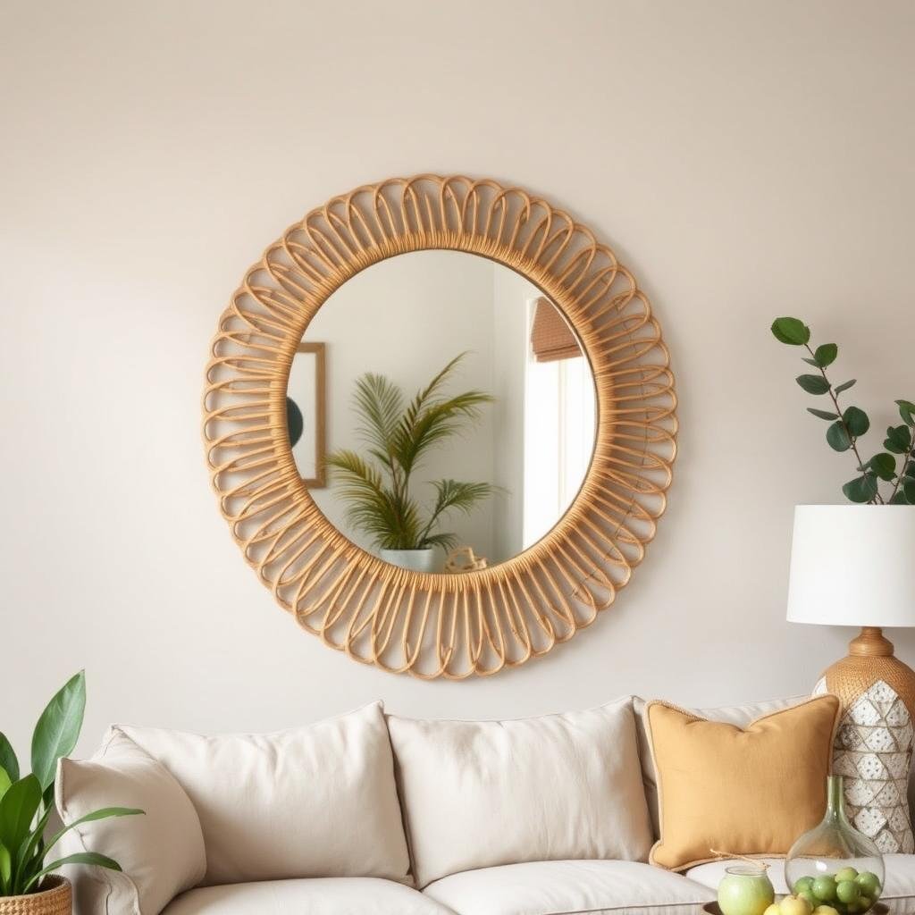 Living room featuring a round rattan mirror adding natural texture to the wall Living room featuring a round rattan mirror adding natural texture to the wall