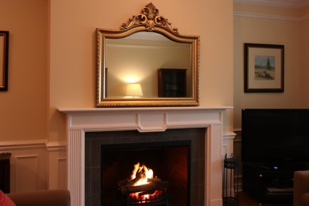 Living room fireplace with an elegant mirror mounted above the mantel Living room fireplace with an elegant mirror mounted above the mantel