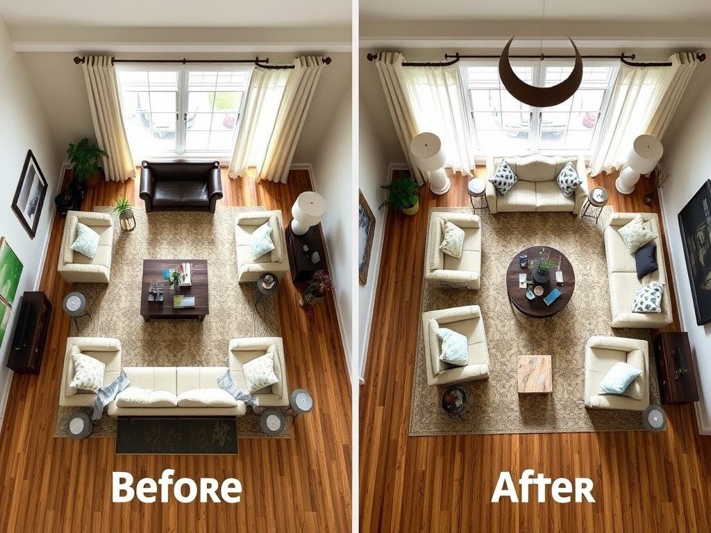 Living room furniture arrangement before and after showing improved flow and space
