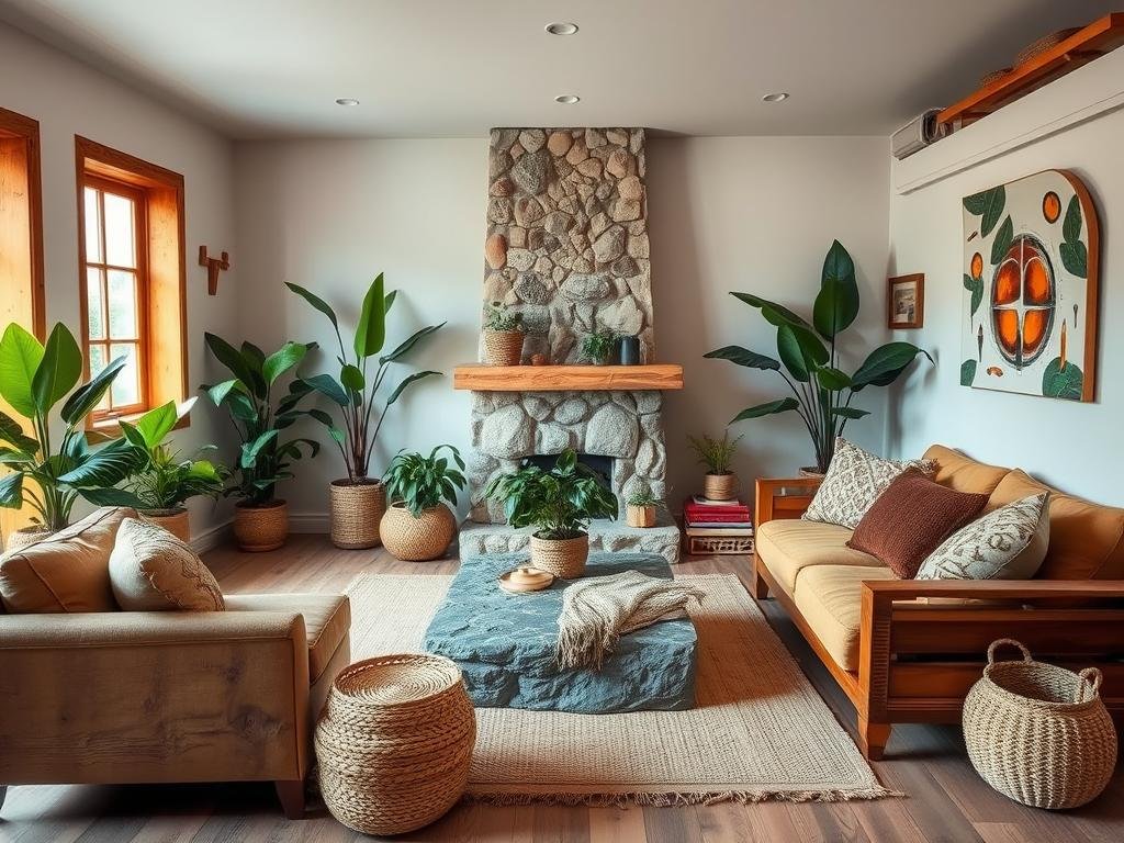 Living room incorporating natural elements like wood, stone, plants, and woven materials Living room incorporating natural elements like wood, stone, plants, and woven materials