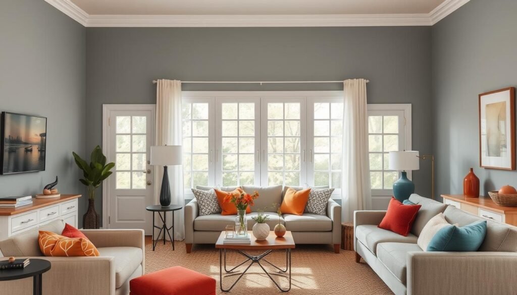 Living room showcasing a harmonious color scheme with base, accent, and highlight colors Living room showcasing a harmonious color scheme with base, accent, and highlight colors