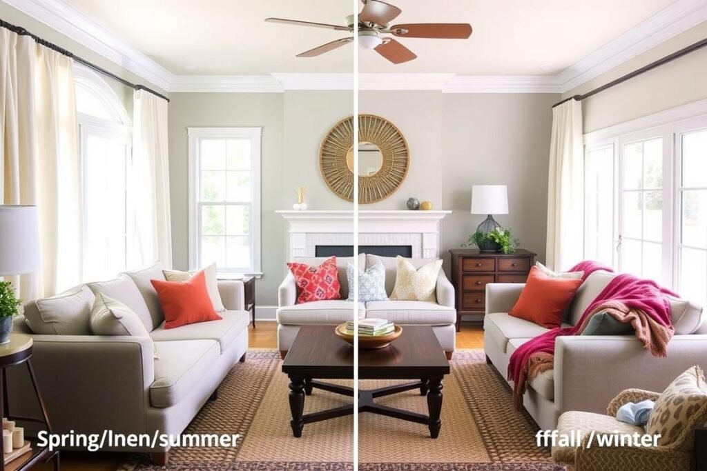 Living room showing how changing textiles updates the seasonal look