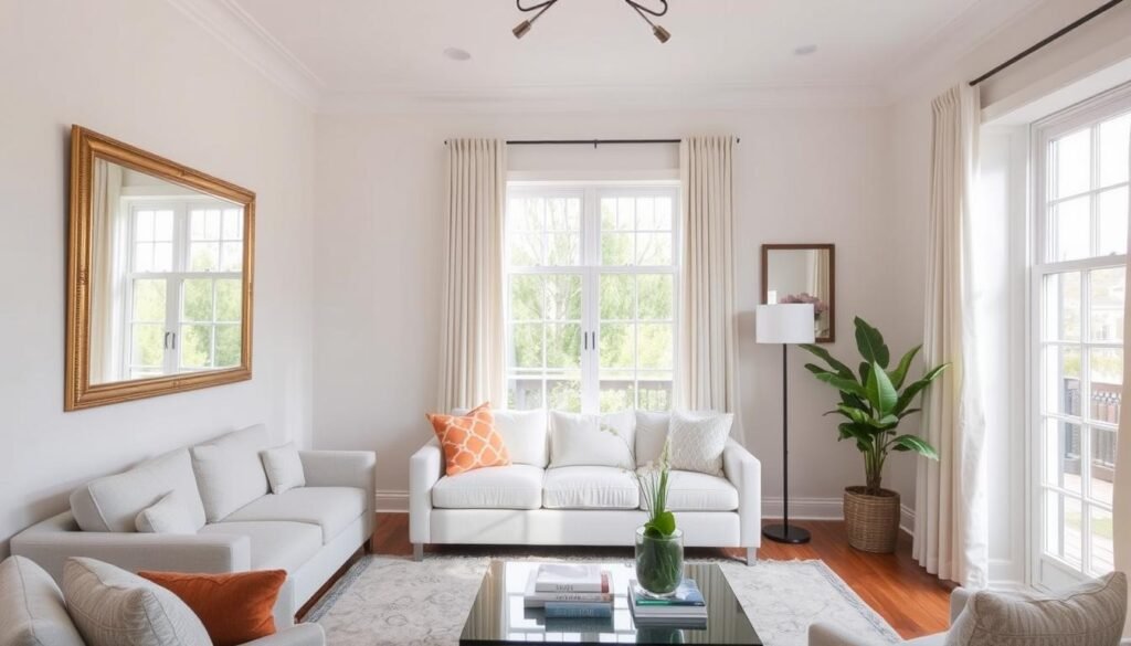 Living room showing strategic mirror placement to reflect natural light from windows Living room showing strategic mirror placement to reflect natural light from windows