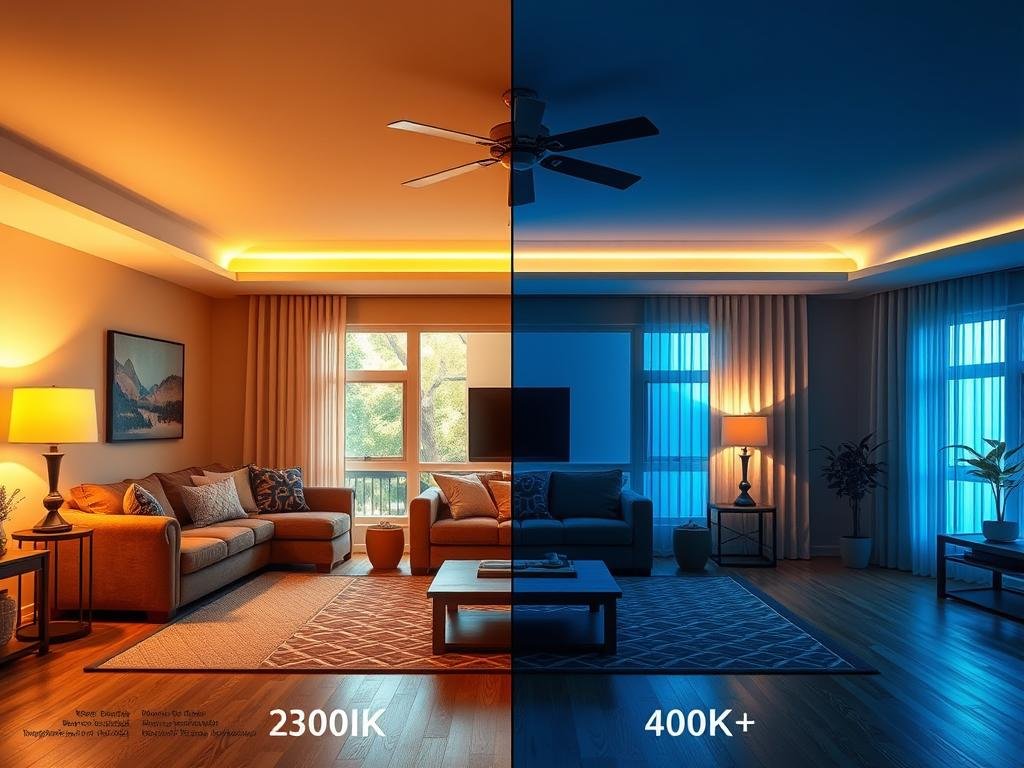 Living room showing the difference between warm and cool lighting temperatures Living room showing the difference between warm and cool lighting temperatures