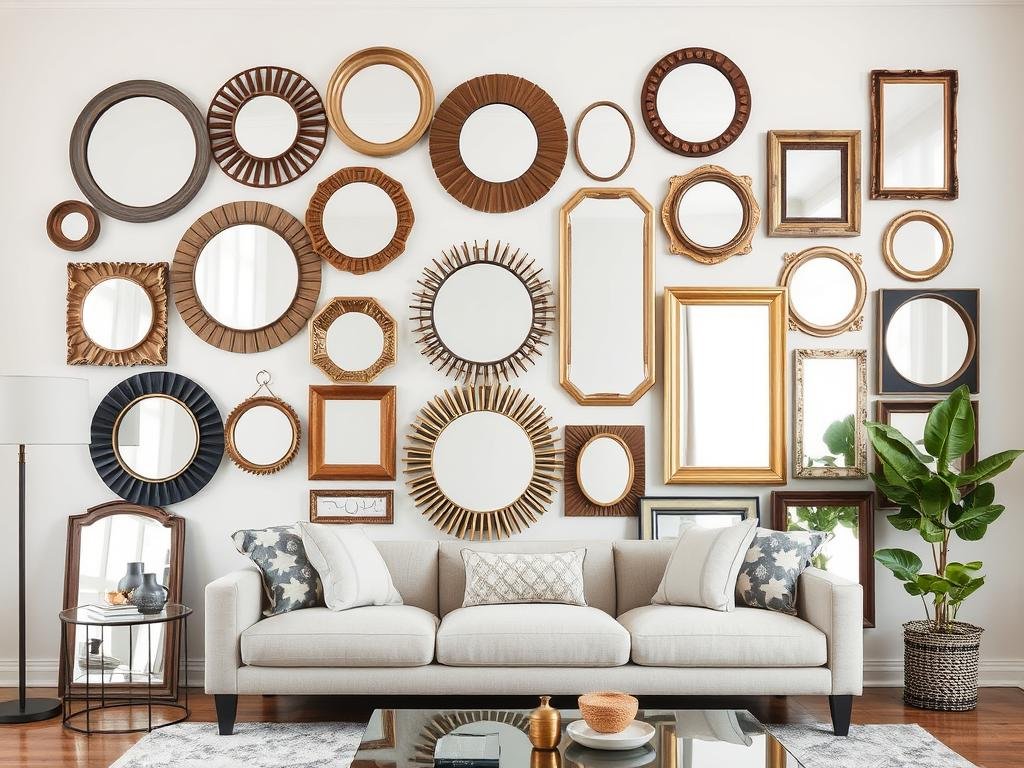 Living room wall with an eclectic collection of mirrors in different shapes and sizes Living room wall with an eclectic collection of mirrors in different shapes and sizes