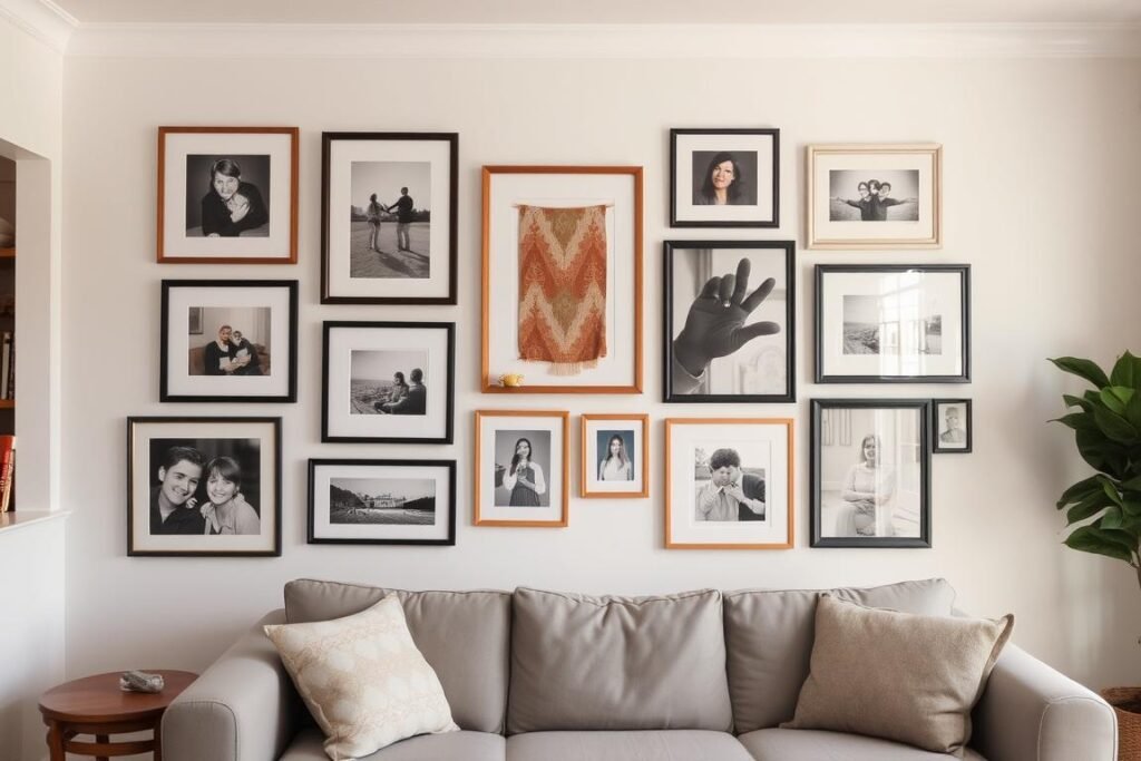 Living room wall with curated collection of art, photographs, and decorative objects Living room wall with curated collection of art, photographs, and decorative objects