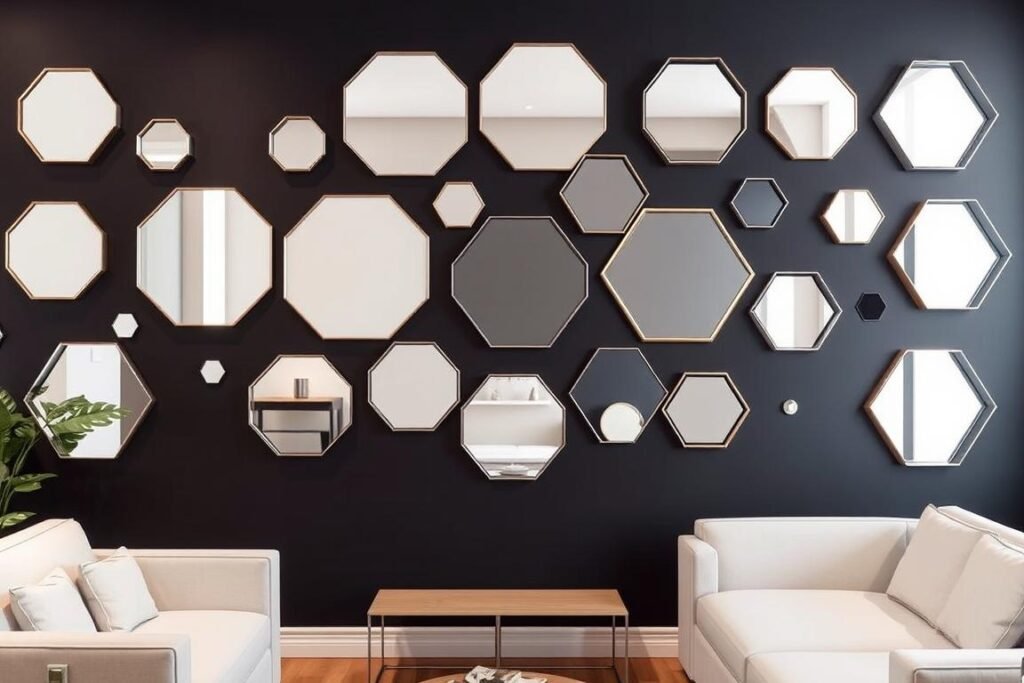 Living room wall with hexagonal and other geometric shaped mirrors arranged in a pattern Living room wall with hexagonal and other geometric shaped mirrors arranged in a pattern