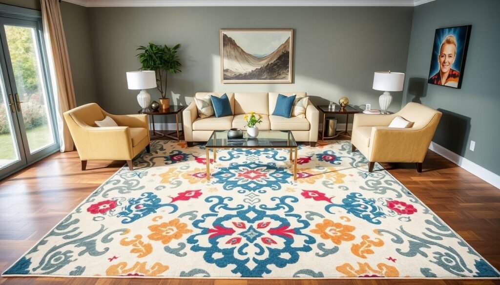 Living room with a bold, patterned area rug anchoring the furniture arrangement Living room with a bold, patterned area rug anchoring the furniture arrangement